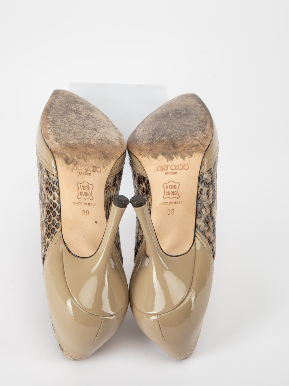Jimmy Choo Beige Patent & Snakeskin Pointed Toe Pumps