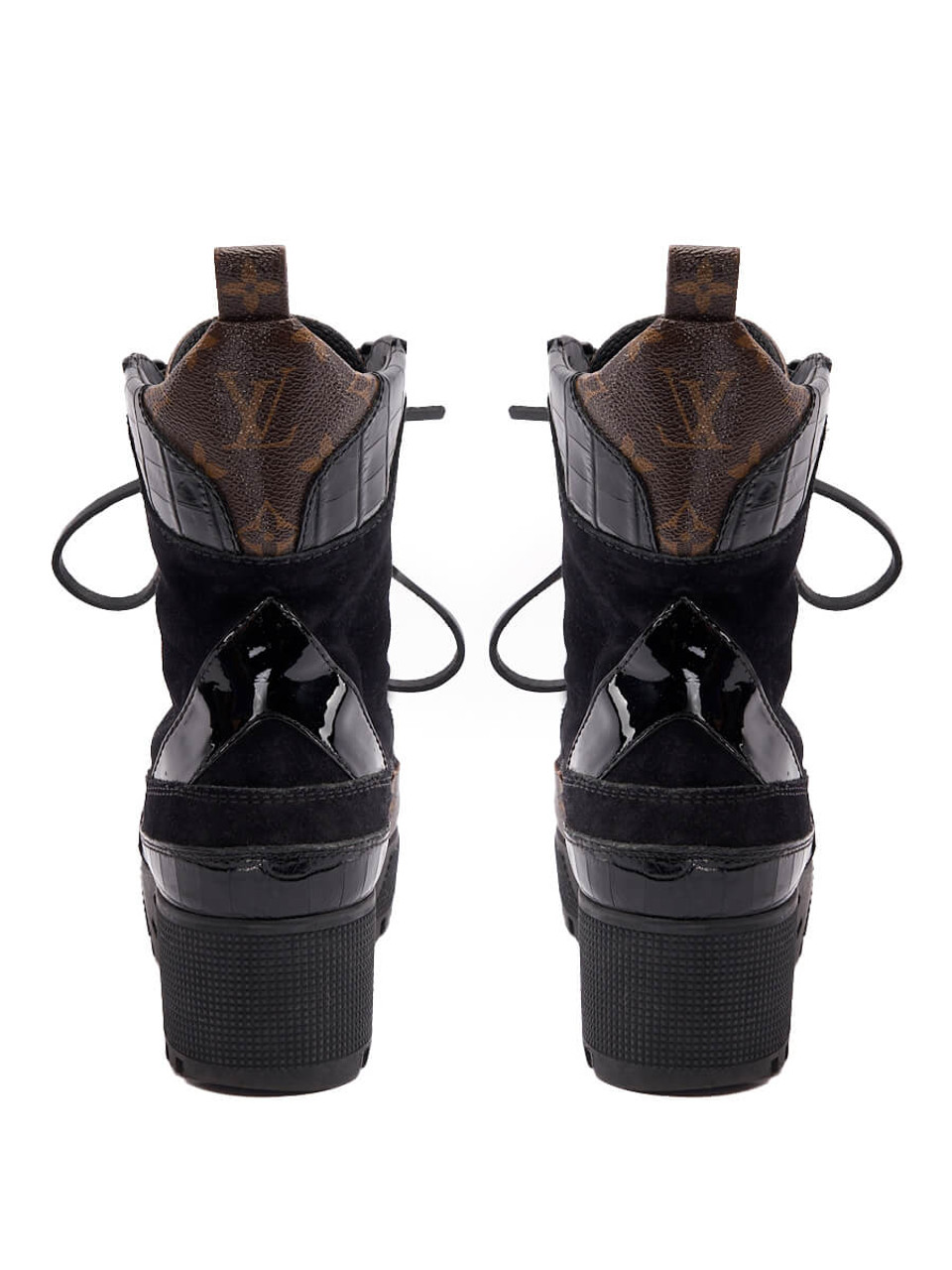 Black & Brown Leather & Suede Monogram Laureate Platform Desert Ankle Boots