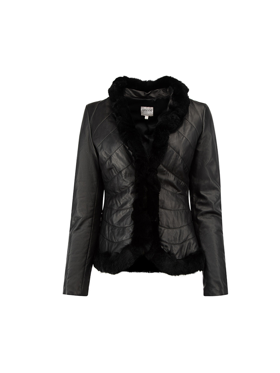 Used Emporio Armani Collezioni Black Leather Fur Trim Jacket