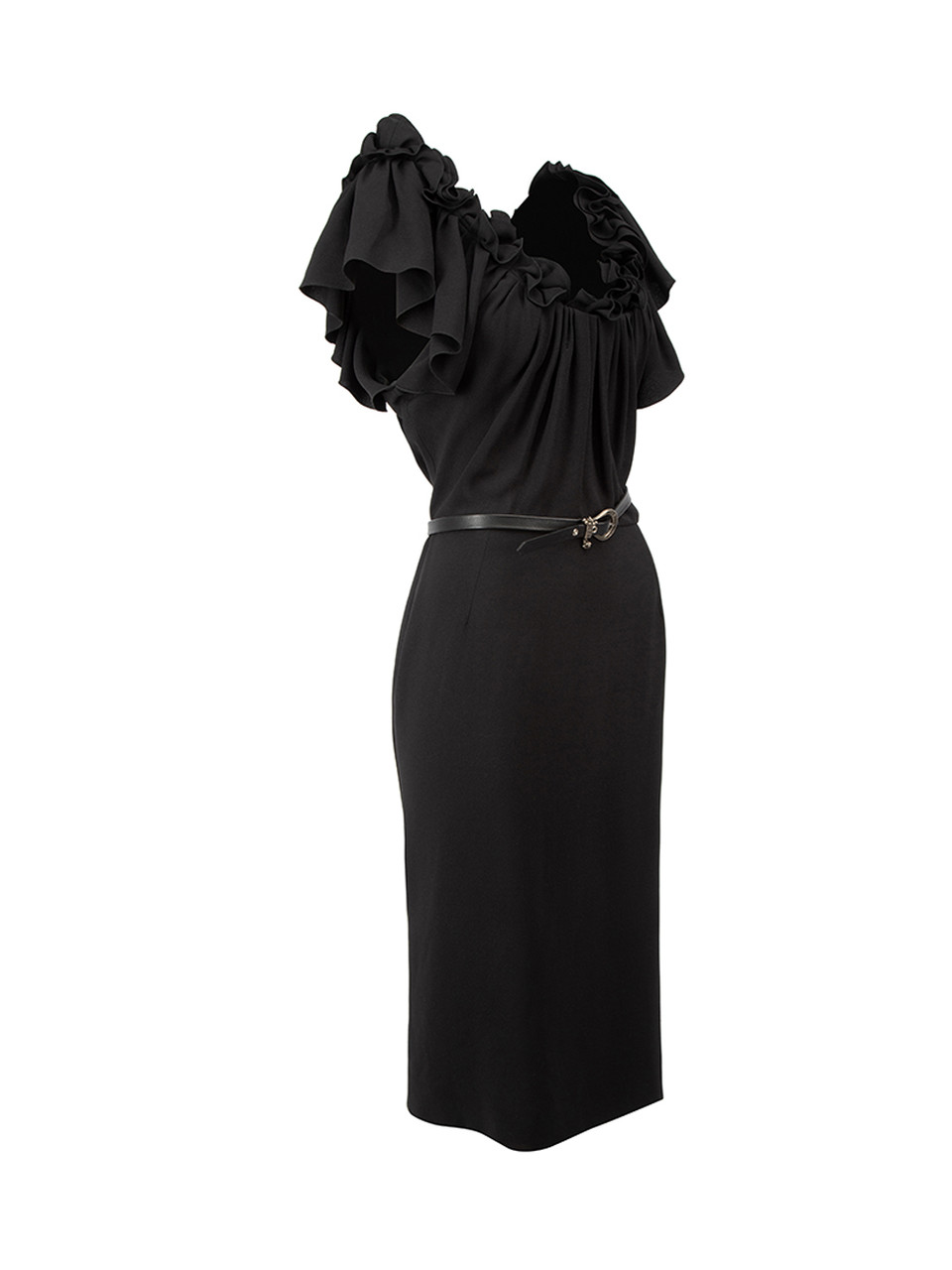 Dior Black Ruffle Off the Shoulder Belted Dress