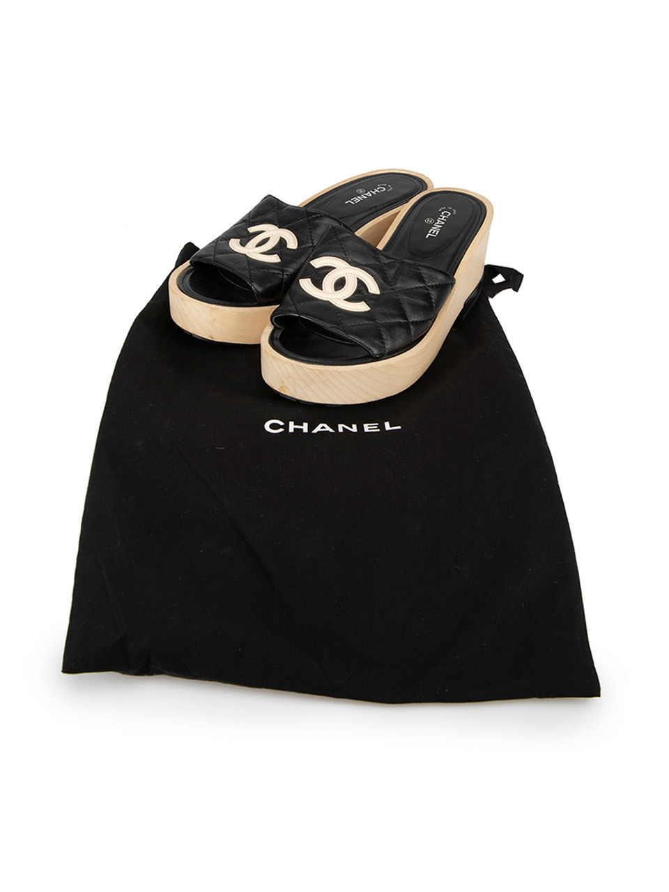 Chanel Black CC Platform Wooden Slides