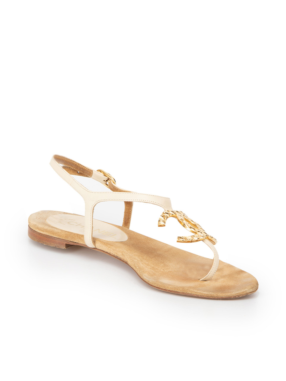Chanel Cream Leather CC Thong Sandals