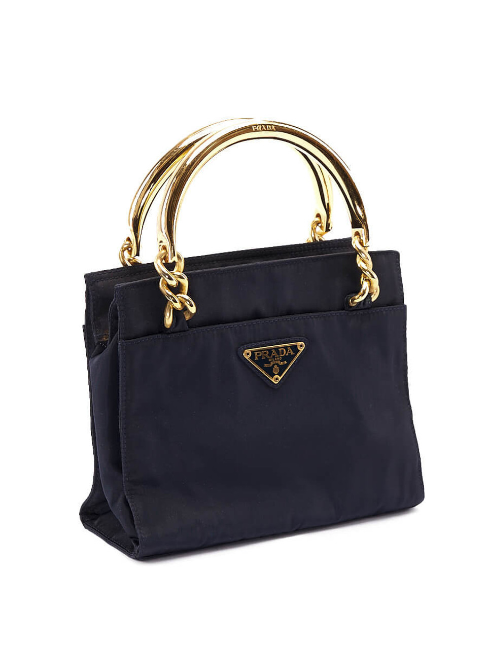 Prada Vintage Black Nylon Gold Top Handle Bag