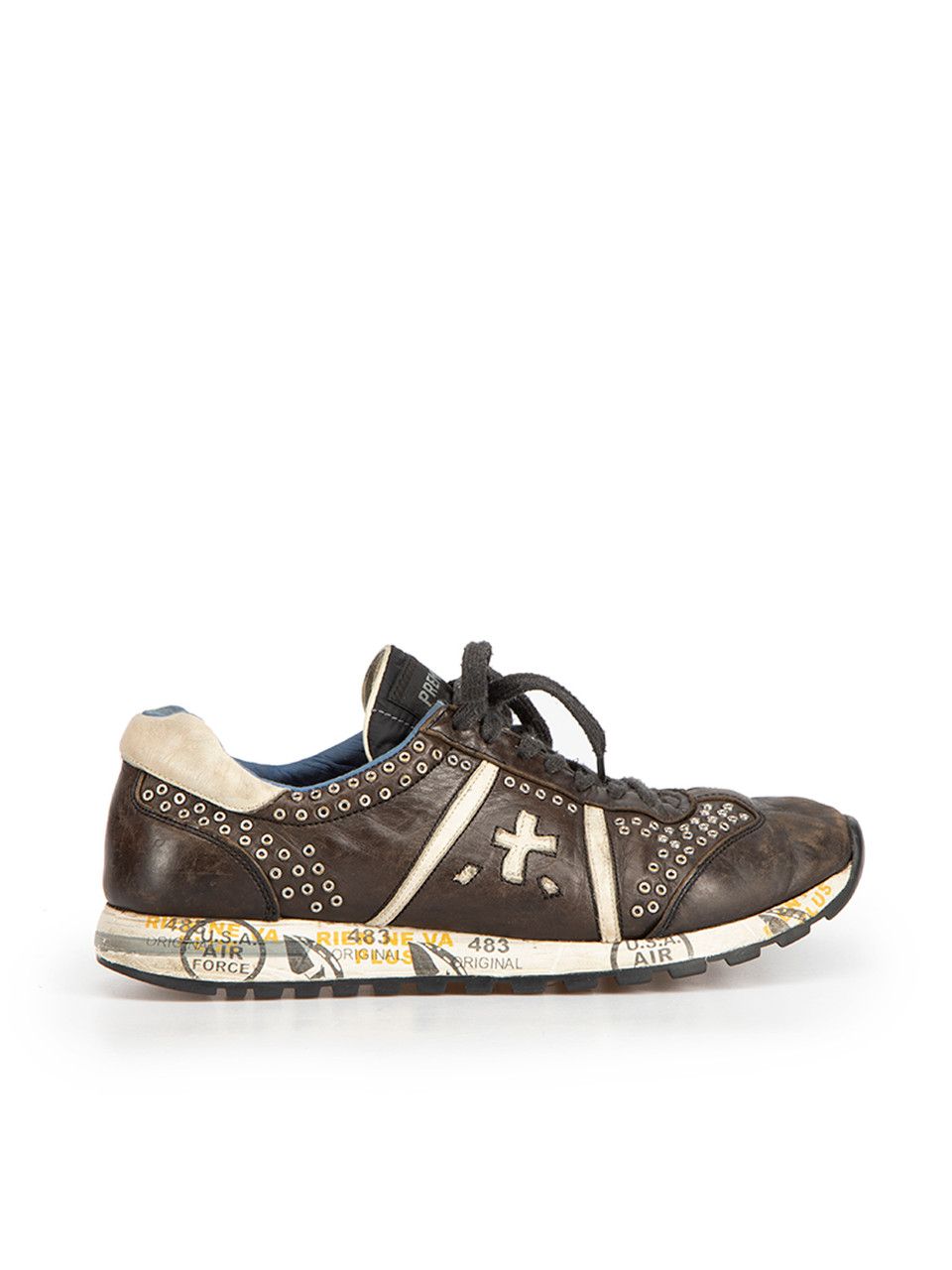 Premiata Brown Leather Distressed Eyelets Accent Trainers Premiata Brown Leather Distressed Eyelets Accent Trainers