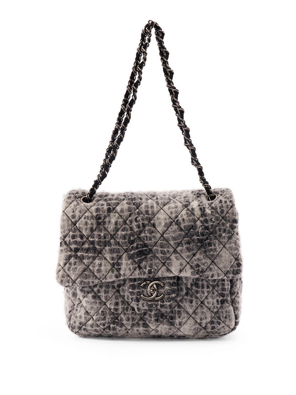 Chanel Grey Wool Tweed Timeless Classic Double Flap Quilted Bag