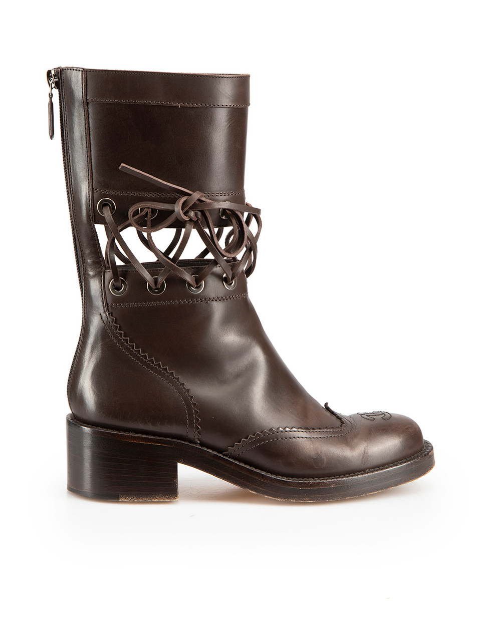 Brown Leather Laced Detail Mid Calf Boots