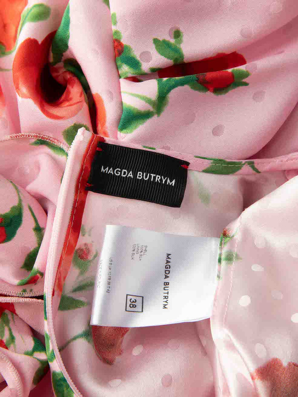 Magda Butrym Pink Silk Ruch Rose Print Mini Dress