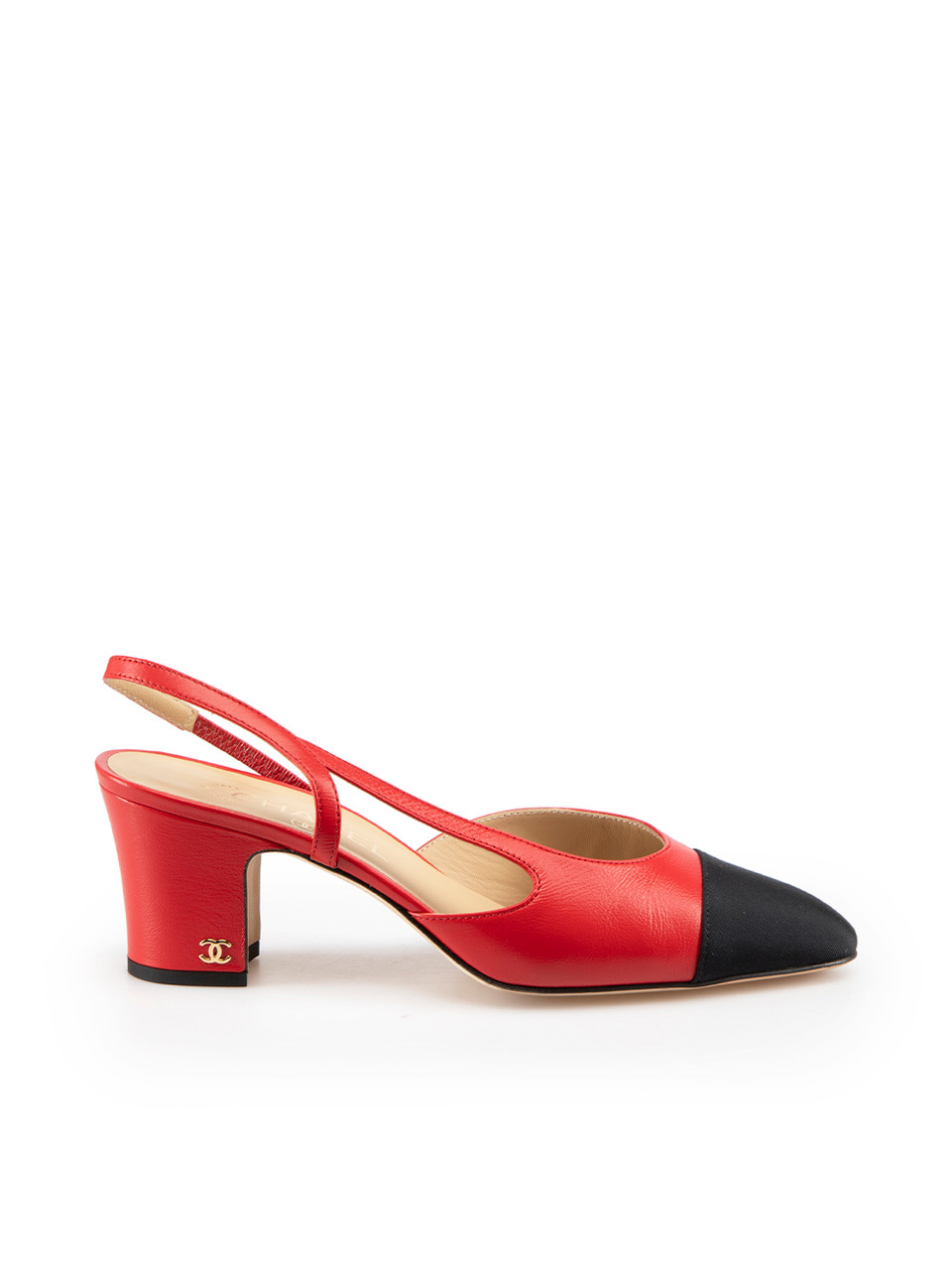 Used Chanel Red Leather Cap-Toe Slingback Heels