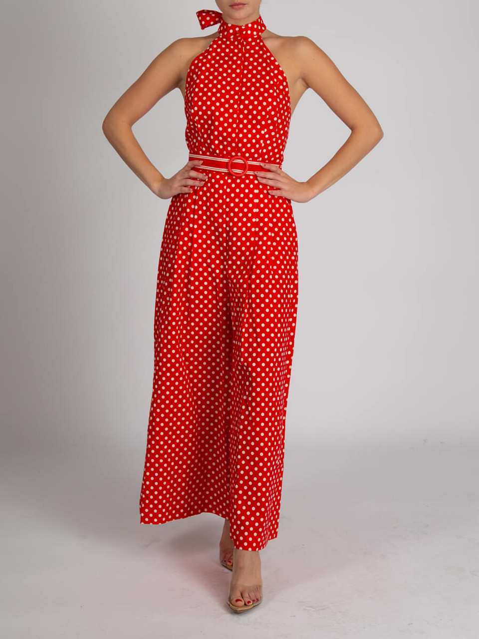 Zimmermann Women's Zinnia Polka-Dot Voile Halter Neck Jumpsuit, Size 6 UK, Red, Linen