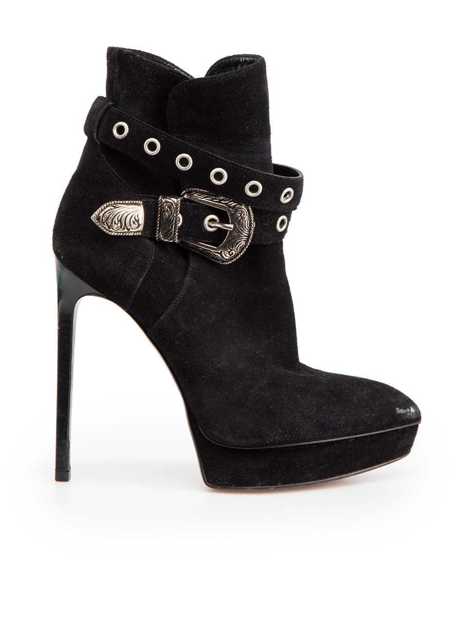 Saint Laurent Black Suede Buckle Heeled Boots