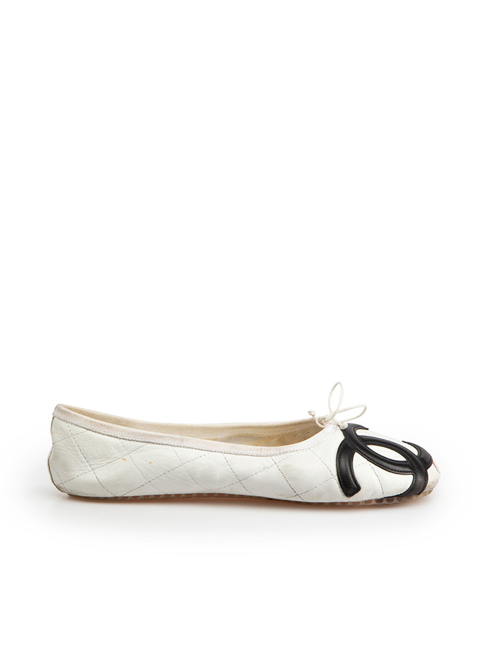Used Chanel Vintage White Leather Cambon Ballet Flats