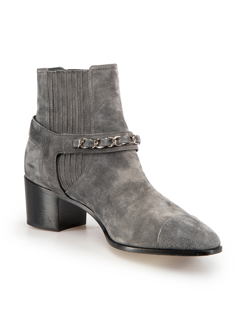 Chanel Grey Suede Chain Detail Ankle Boots