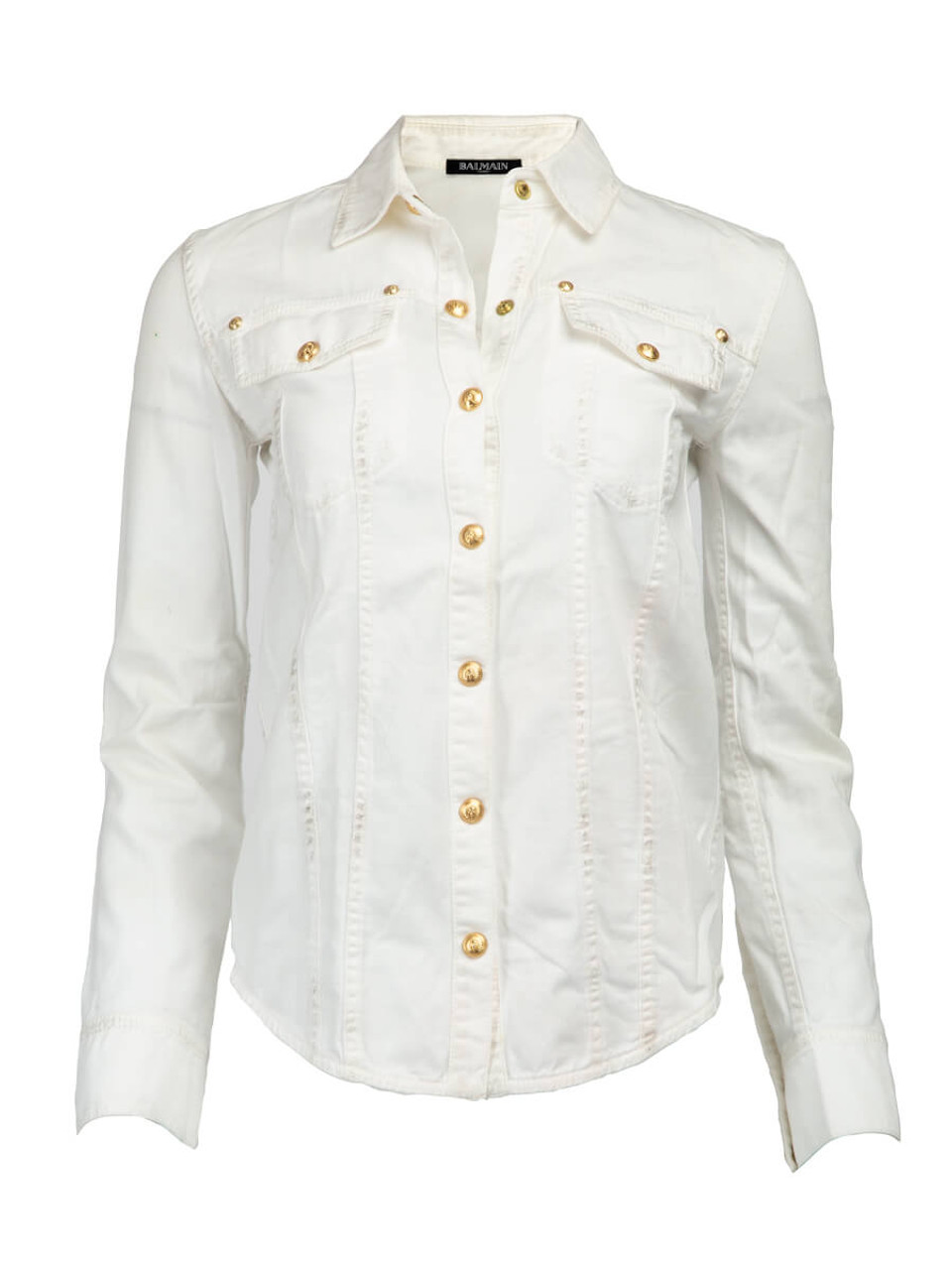 Balmain Women's Distressed Button Up Shirt, Size 6 UK, White, Denim