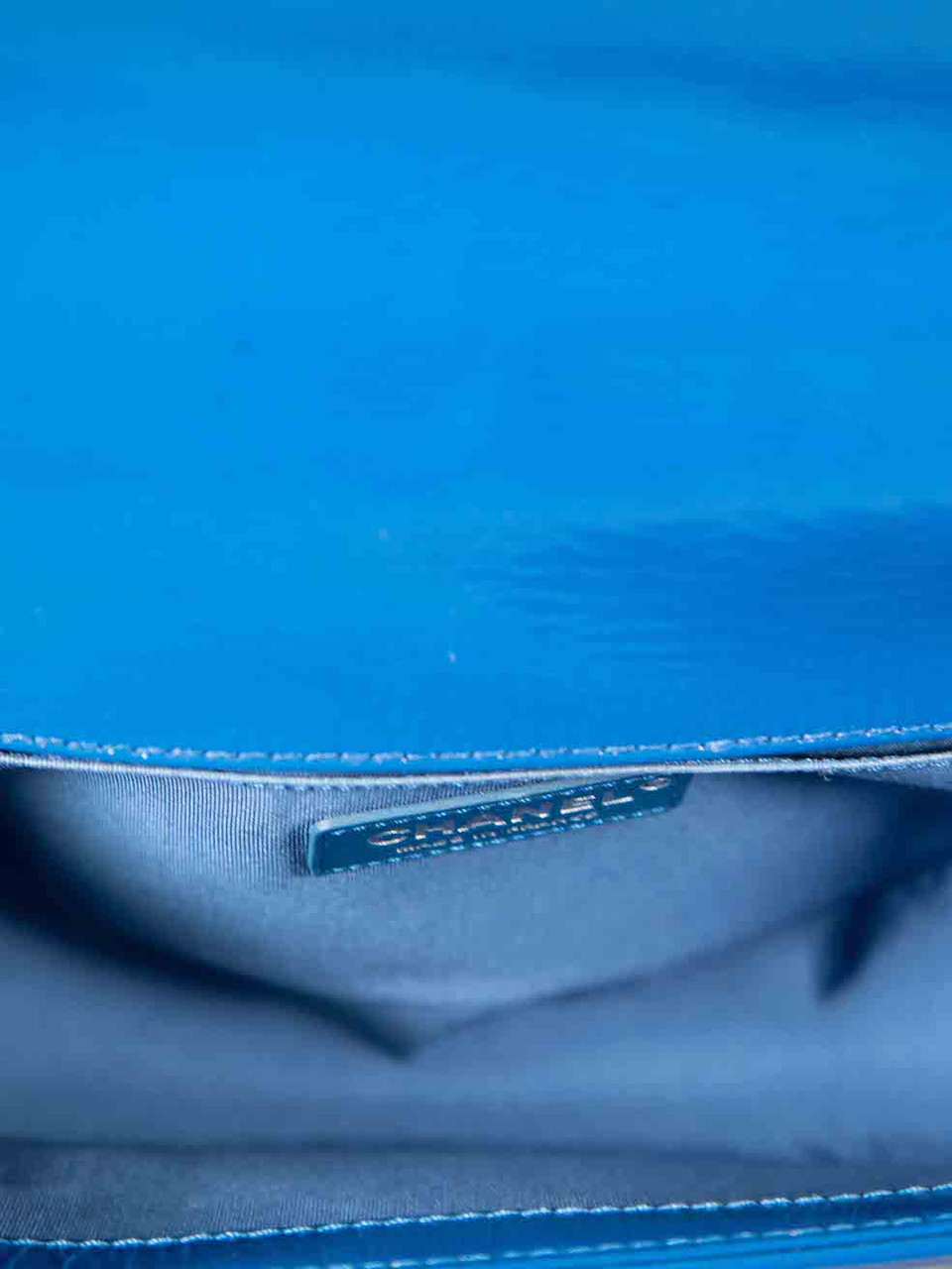 Chanel 2018 Blue Patent Leather Medium Boy Bag