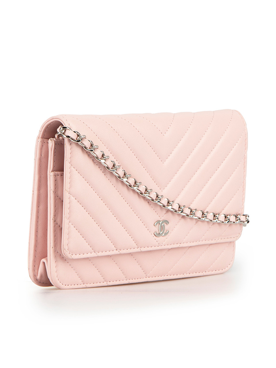 Chanel 2022 Pink Lambskin Chevron Quilted Wallet on Chain