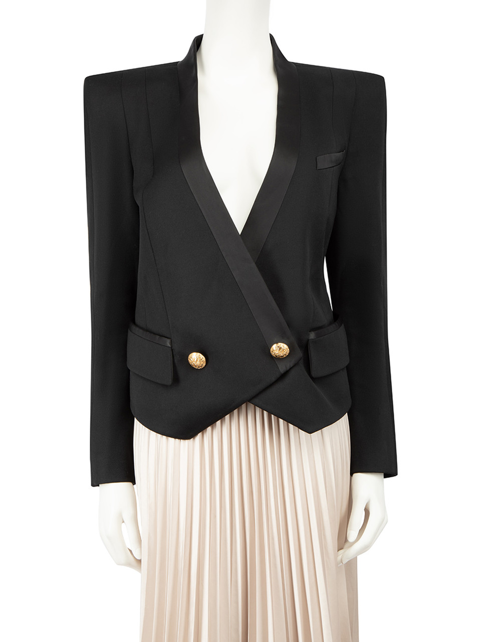 Balmain Black Wool Crop Double Breasted Blazer