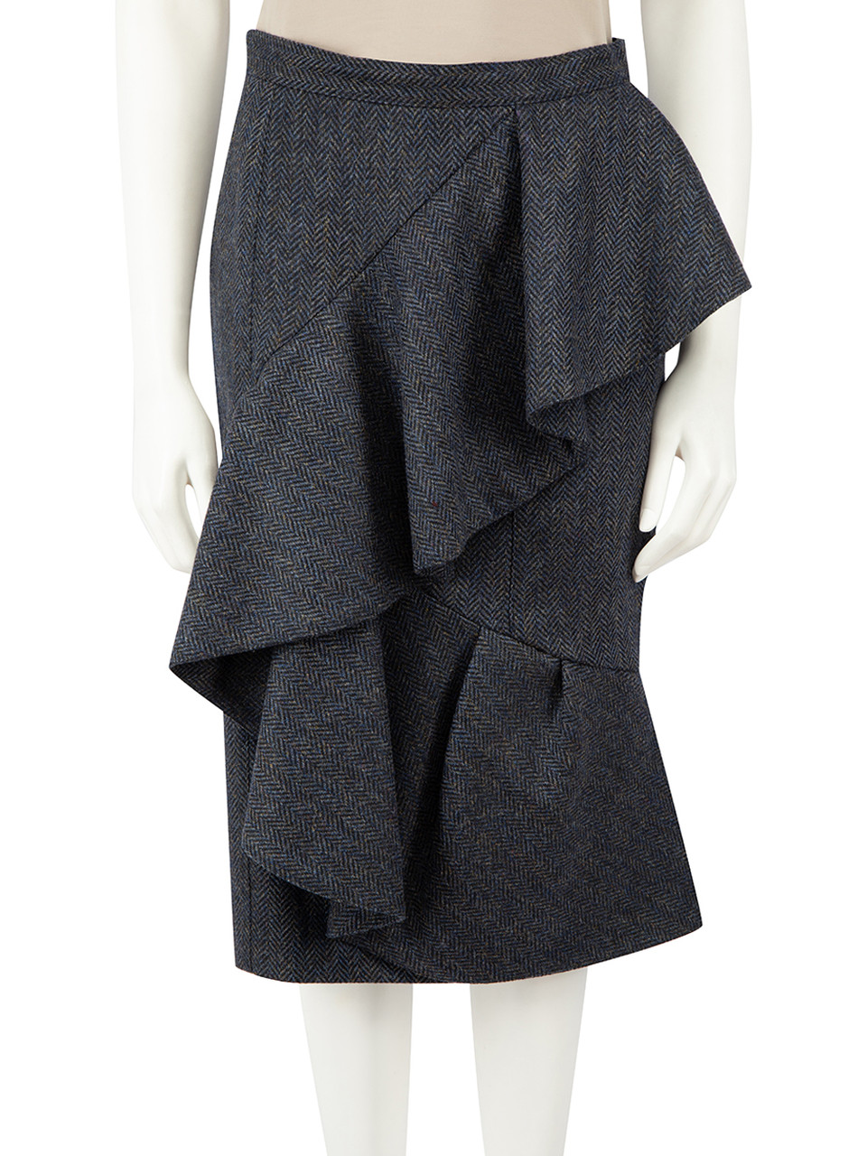 Burberry Burberry Prorsum Navy Wool Herringbone Ruffle Skirt