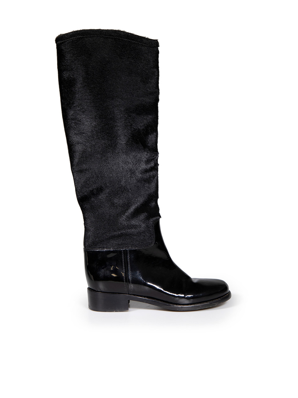 Chanel Black Patent Pony Hair CC Knee High Boots