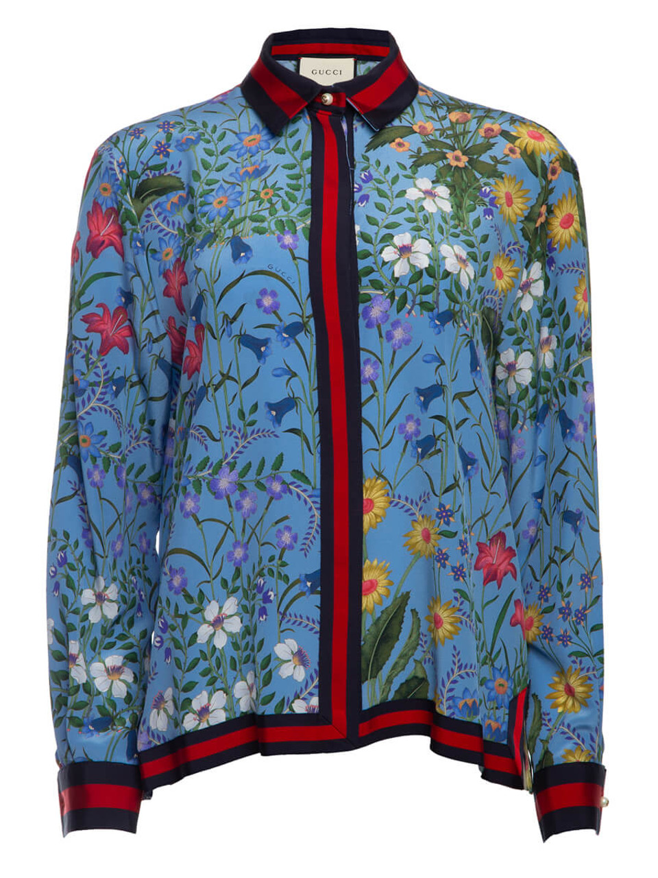 Gucci Women's Floral Button-up Blouse, Size 16 UK, Blue Silk