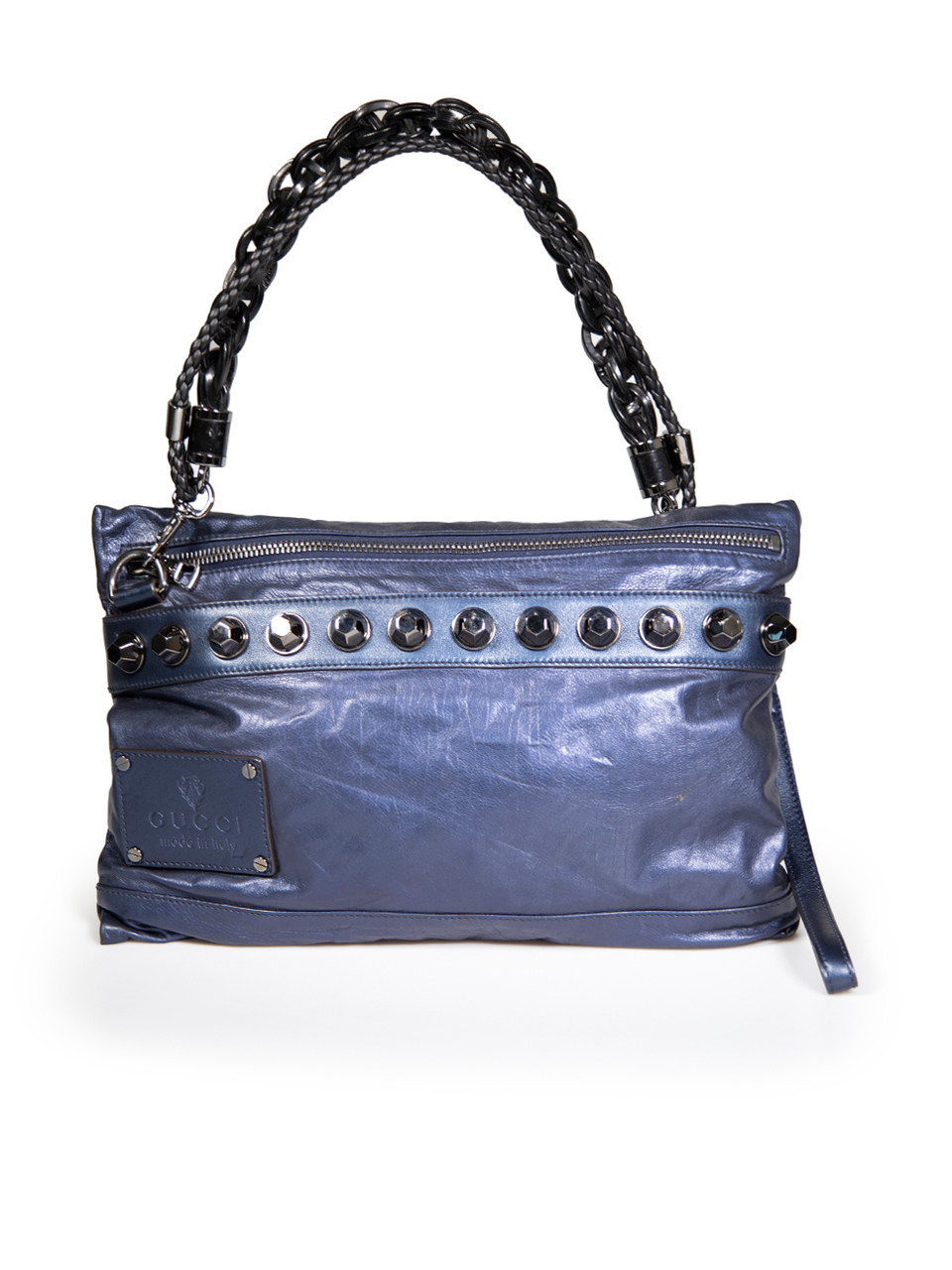 Gucci Blue Metallic Leather Studded Shoulder Bag
