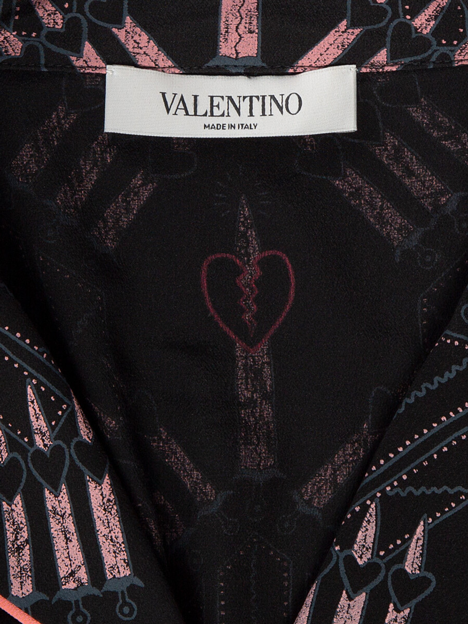 Valentino Women's Broken Heart Printed Button-up Blouse, Size 12 UK, Black Silk
