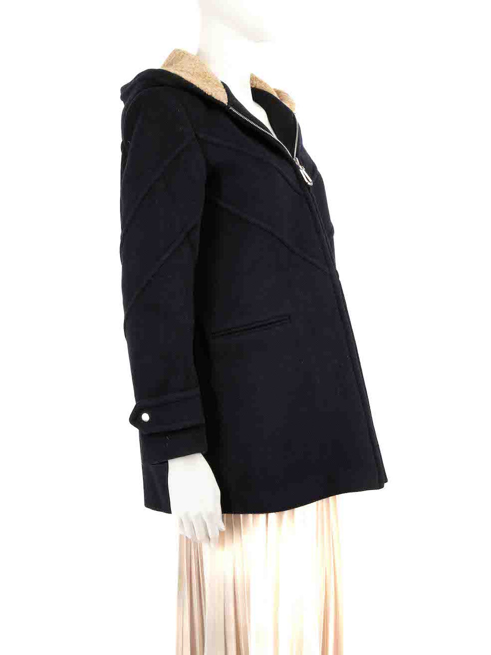 Sandro Navy Wool Phraise Hooded Coat