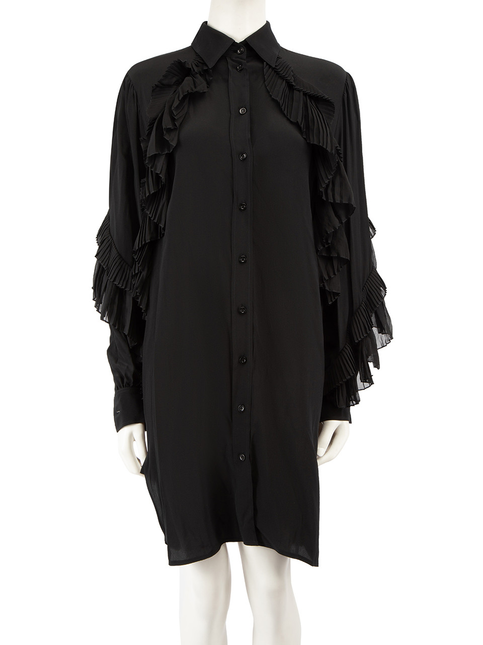 Givenchy Black Silk Pleated Ruffle Shirt Dress