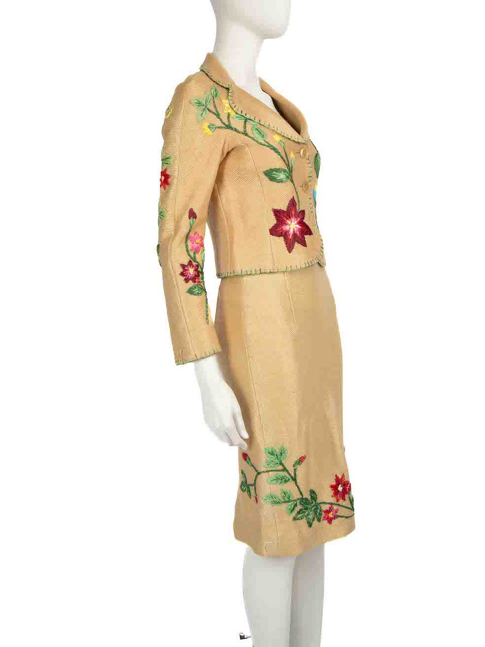 Moschino Beige Woven Floral Embroidered Skirt Suit