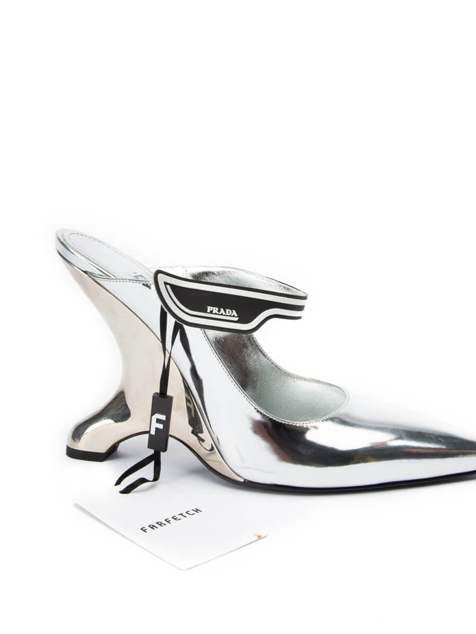 Prada Women's Madge 110mm Wedge Mules, Size 7 UK, Silver Patent Leather