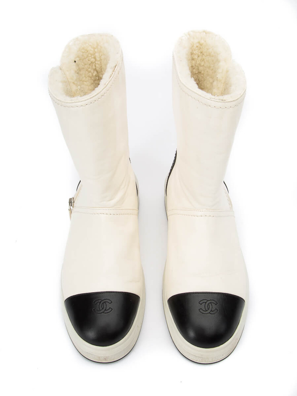 rare CHANEL white soft leather CC logo patent toe cap pull on flat boots  EU38 at 1stDibs  chanel white boots black toe white cap pullon boot white  chanel boots