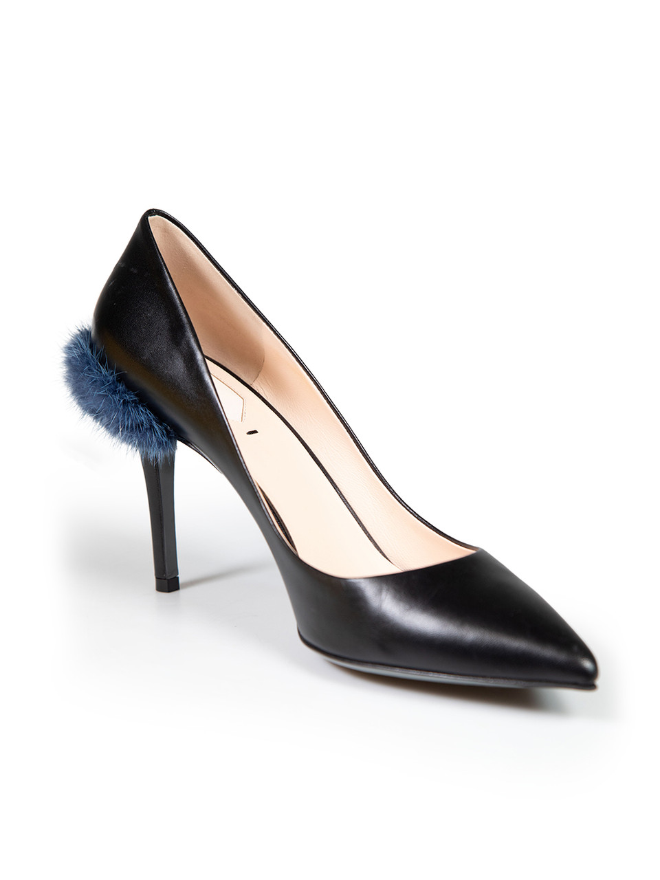 Fendi Black Leather Fur Trimmed Pointed Toe Heels