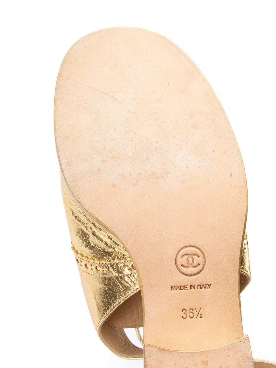 Chanel Women's Peep Toe Ankle Strap Oxford Sandals, Size 3.5 UK, Gold Metallic Leather
