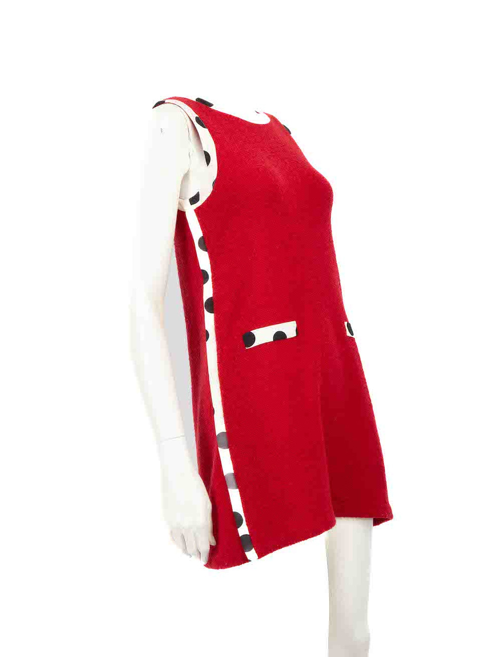 Moschino Red Wool Sleeveless Polkadot Trim Dress