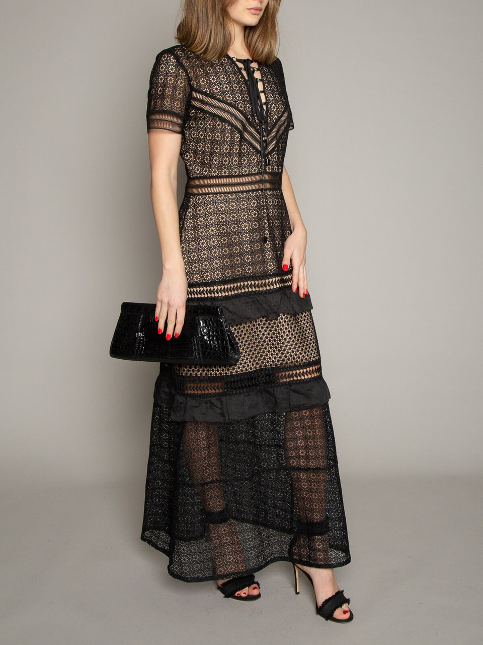 Self-Portrait Women's Maxi Dress, Size 12 UK, Black Polyester