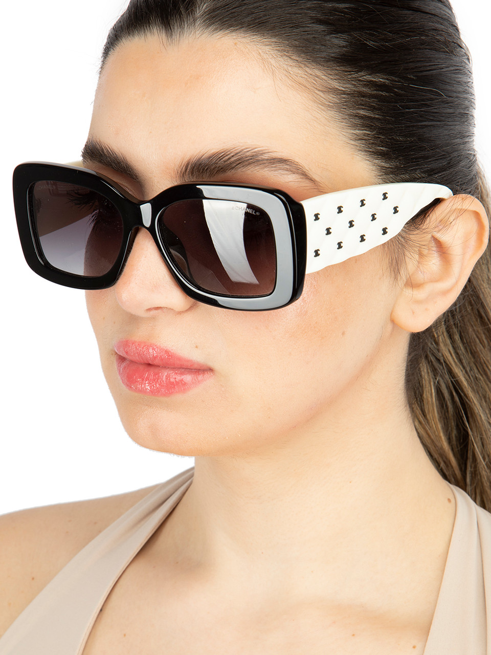 Chanel Black & White Quilted Arms Square Sunglasses