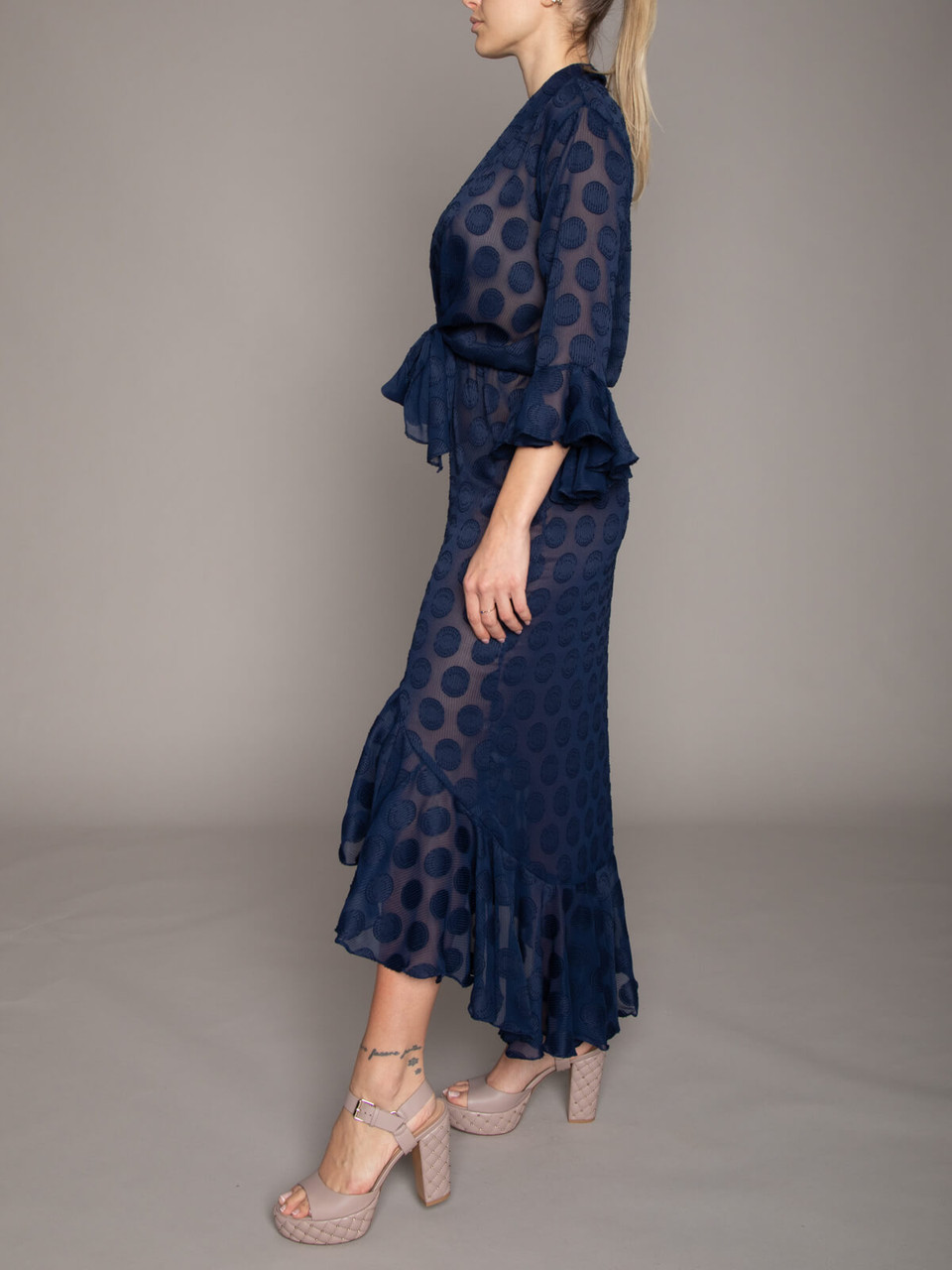 Adriana Degreas Women's Polka Dot Maxi Dress, Size 8 UK, Blue Polyester