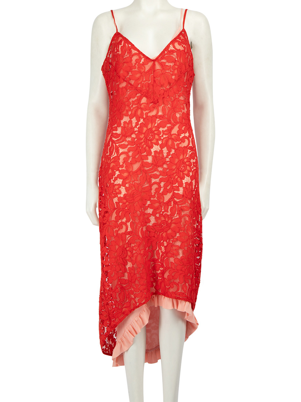 Pinko Red Lace V Neck Midi Dress