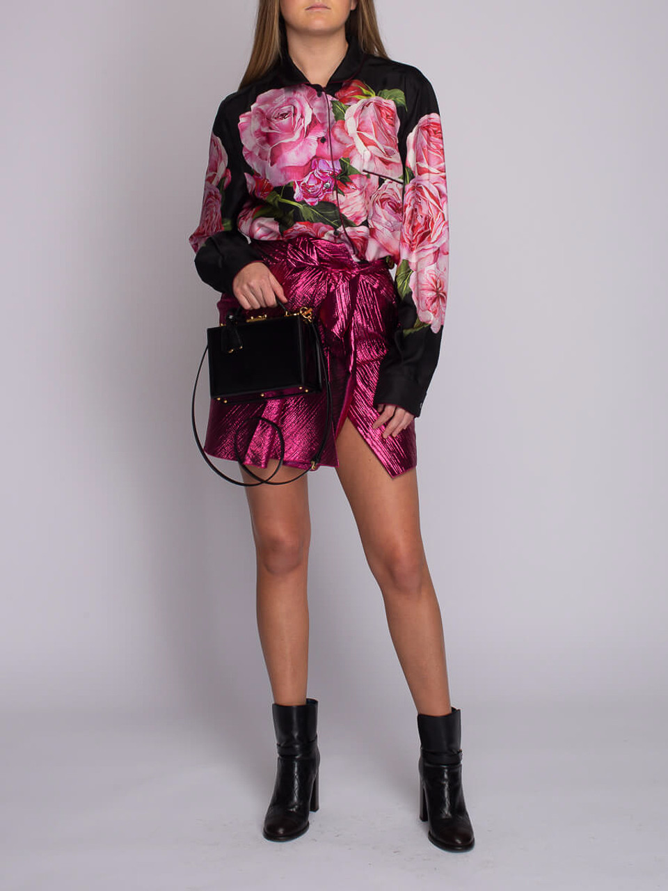 Dolce & Gabbana Women's Floral Print Shirt, Size 18 UK, Black Silk