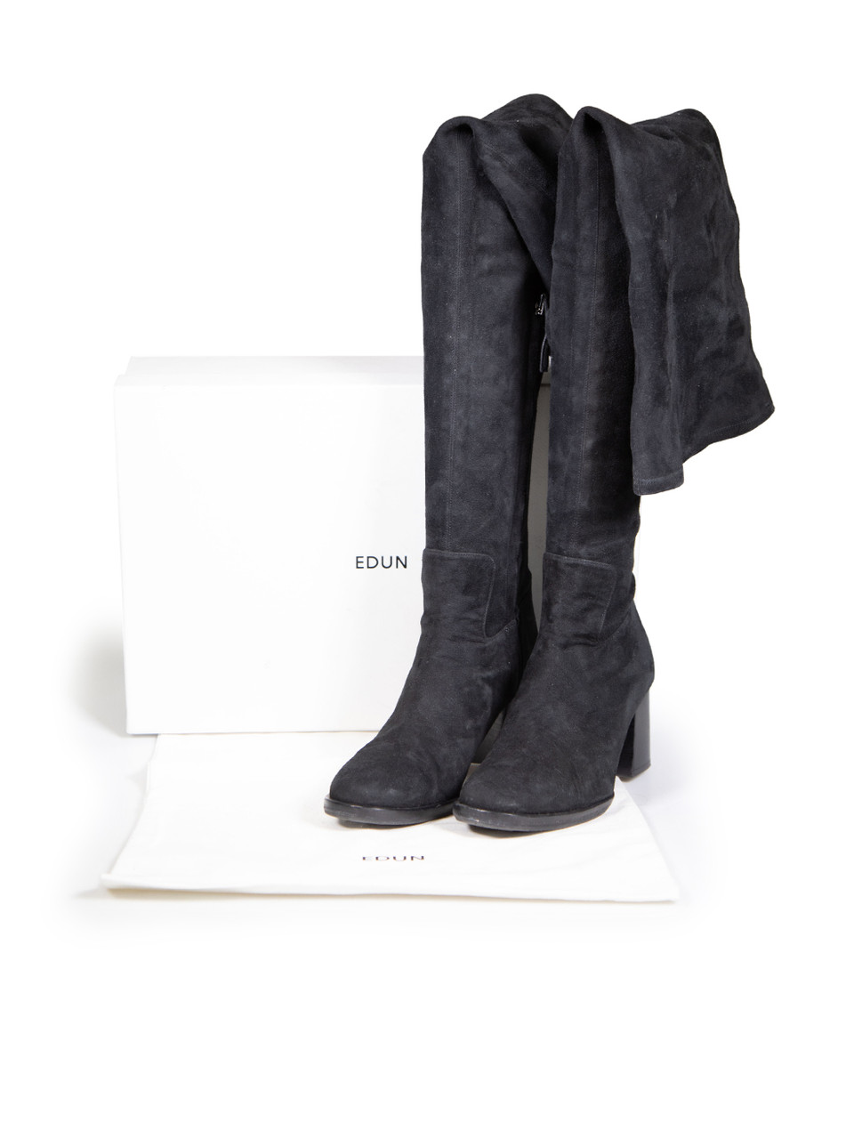 EDUN Black Suede Block Heel Round Toe Boots