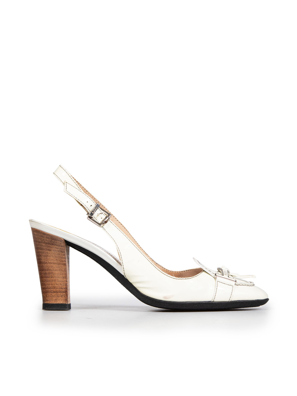 Tod's Ecru Patent T Buckle Detail Slingback Pumps
