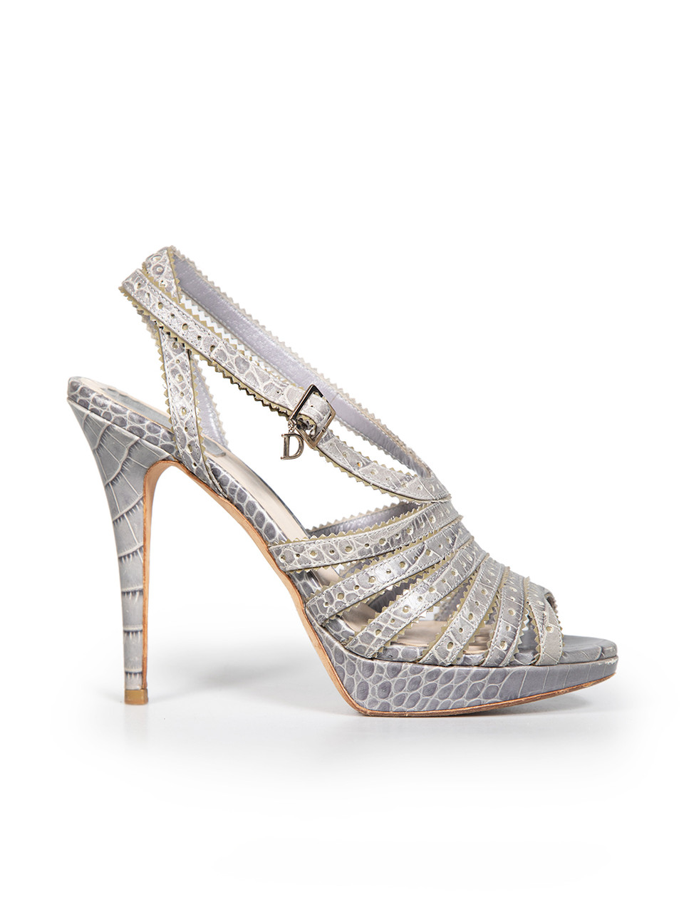 Dior Grey Leather Croc Embossed Platform Sandals