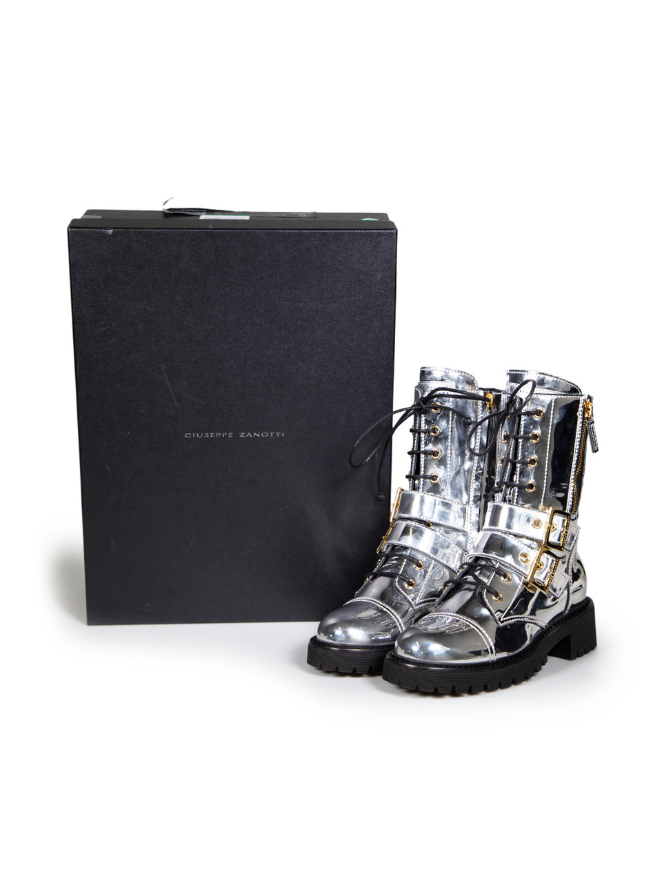 Giuseppe Zanotti Silver Patent Lace Up Boots