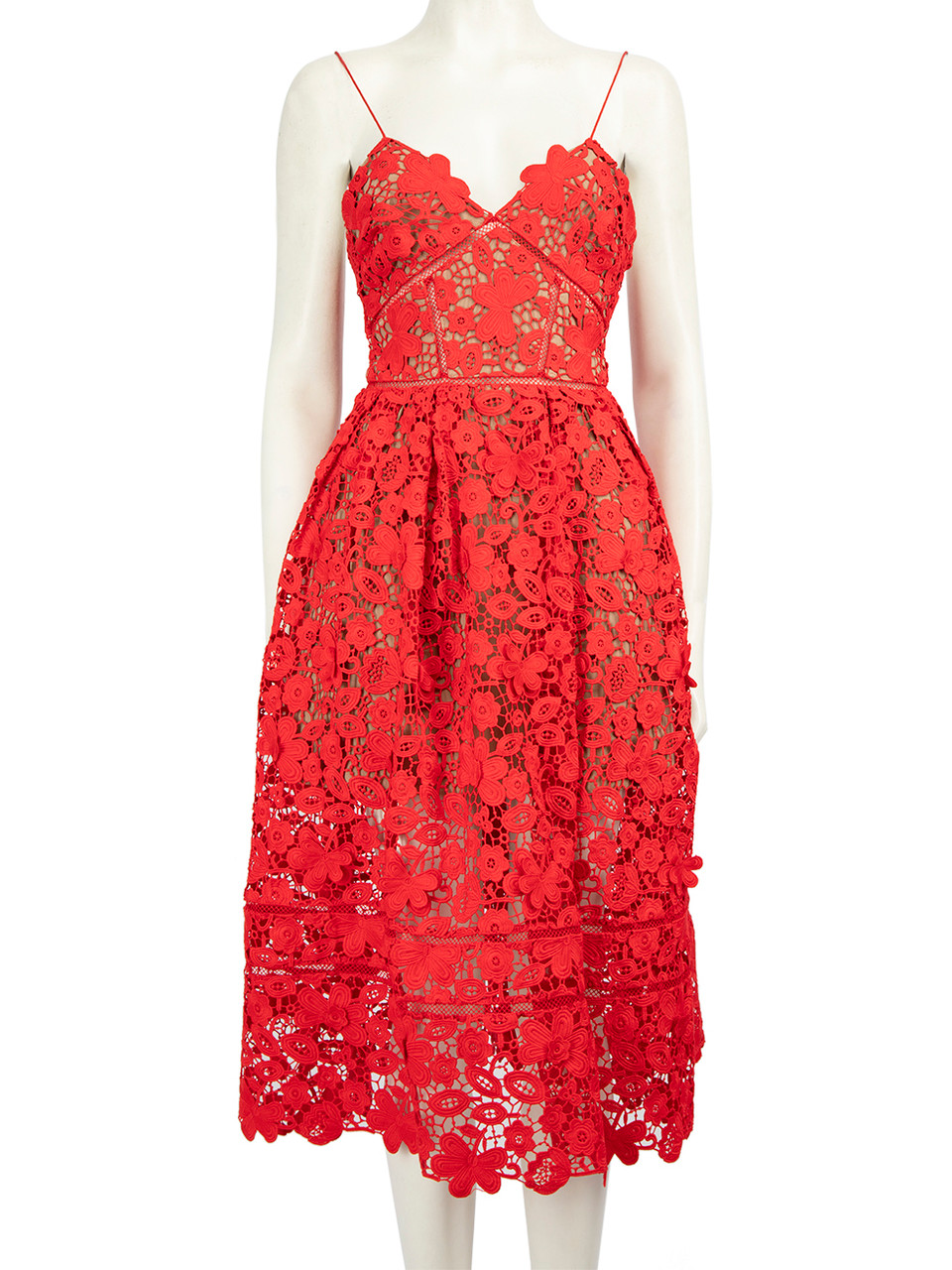 Self-Portrait Red Floral Lace Midi V-Neck Dress