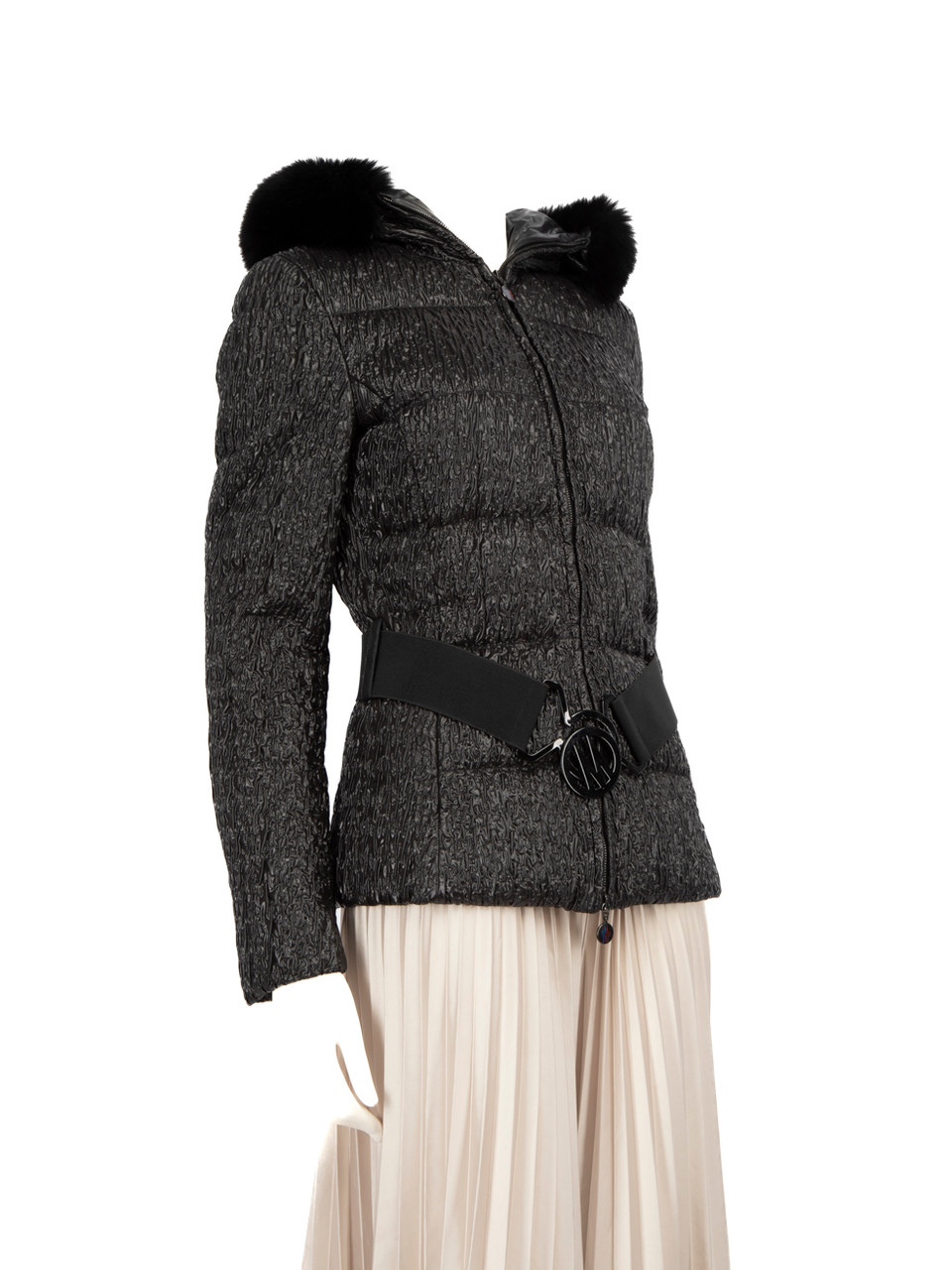Moncler Black Ruched Fur Trim Puffer Jacket