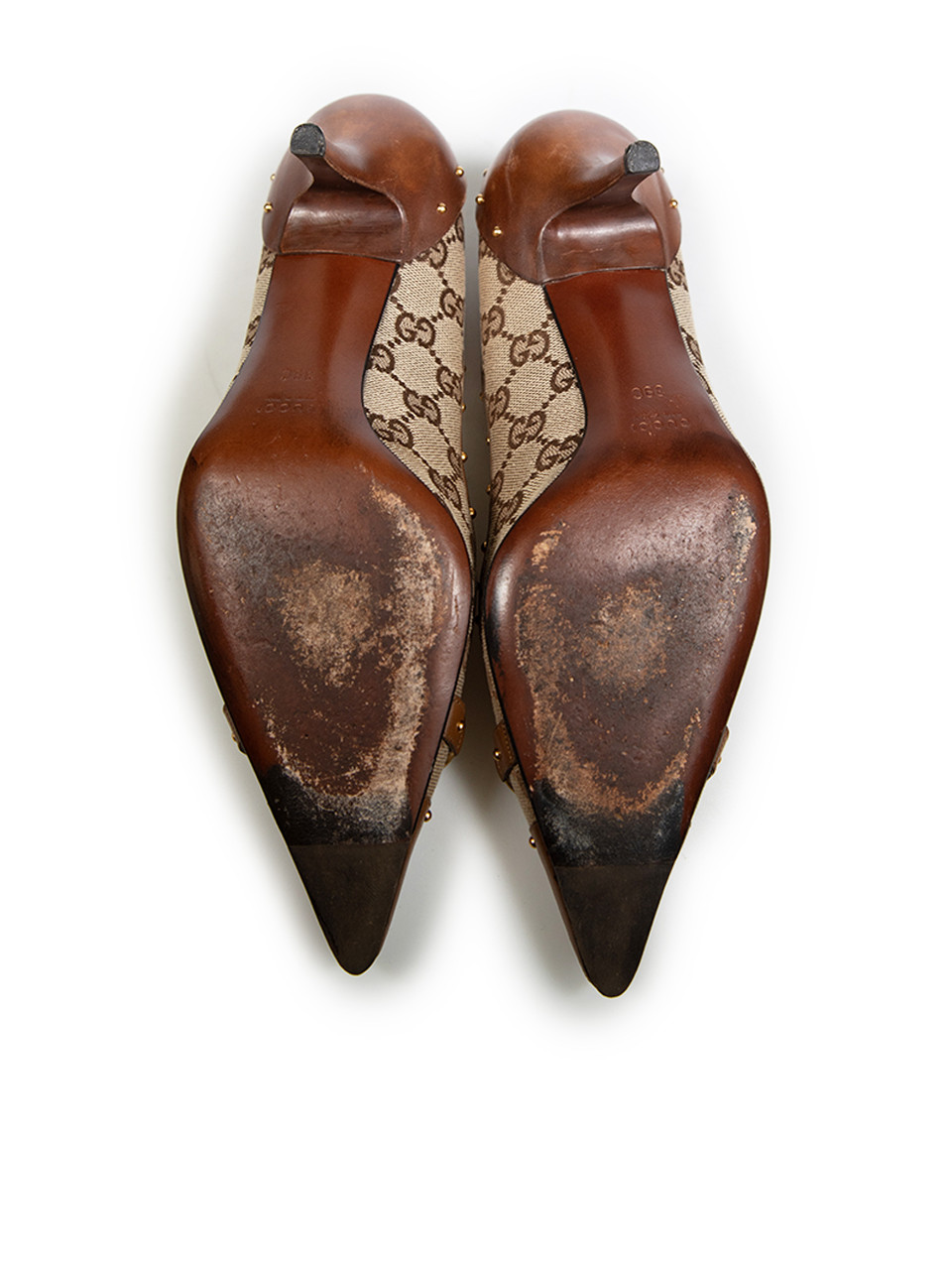 Gucci Brown Leather & Canvas Horsebit Detail Pumps