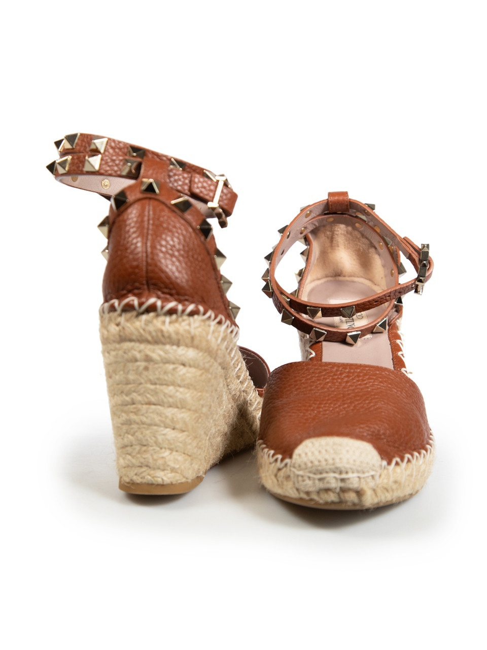 Valentino Garavani Brown Leather Rockstud Espadrille Wedges