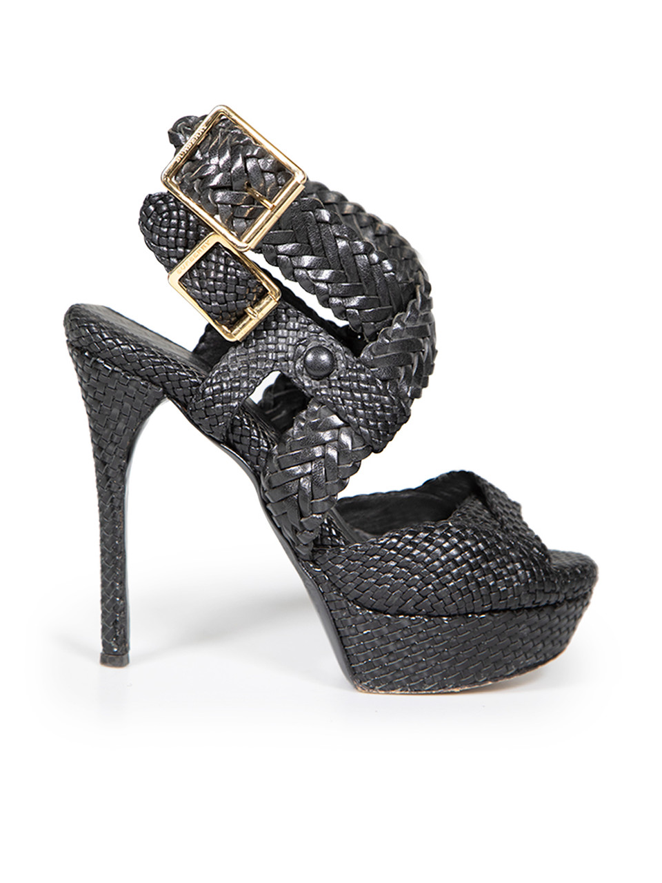 Burberry Black Leather Woven Heel Sandals