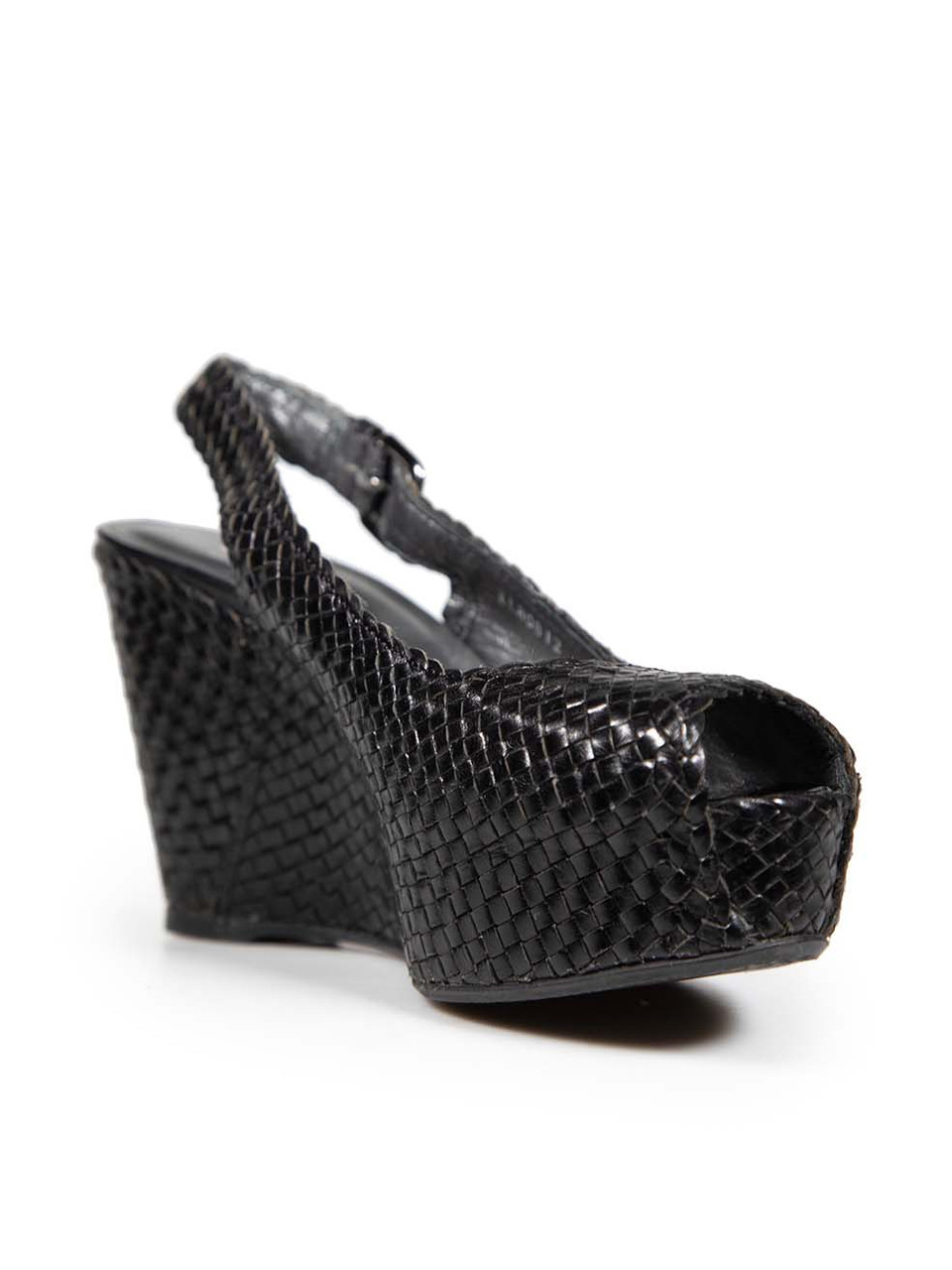 Stuart Weitzman Black Leather Woven Wedge Sandals