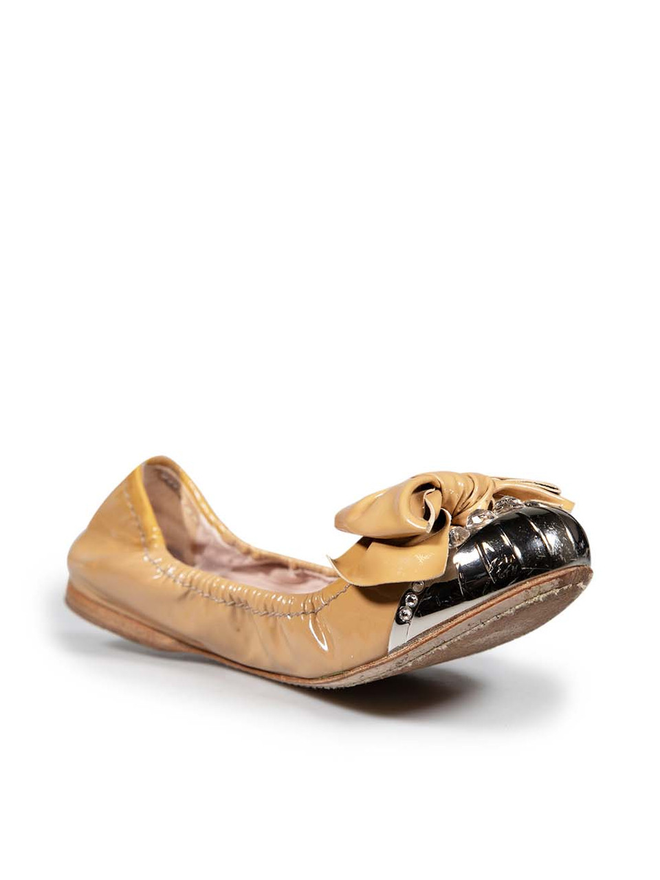 Miu Miu Beige Patent Bow & Crystal Ballet Flats