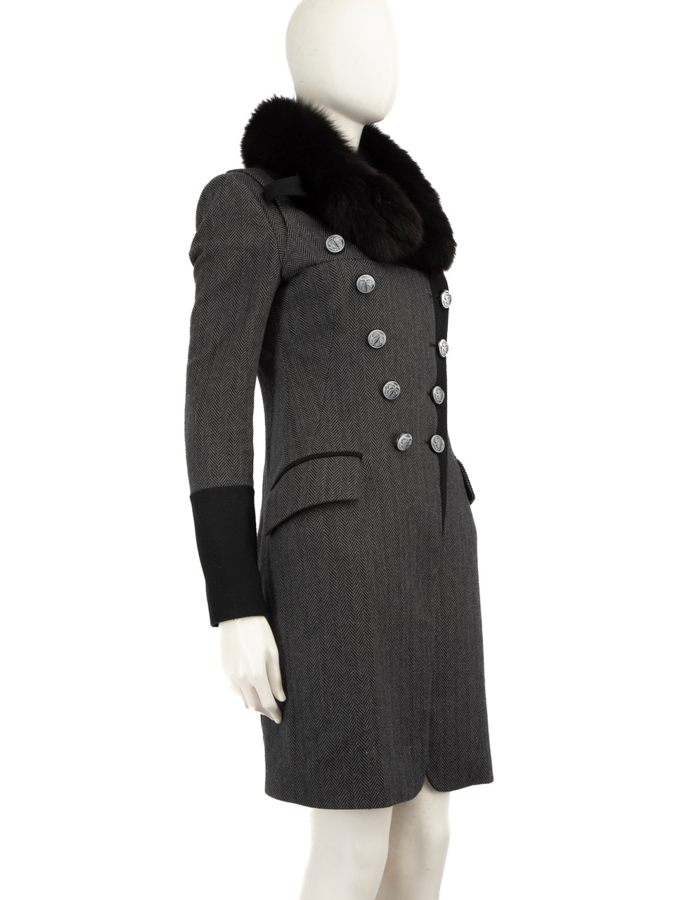 Pinko Grey Wool Fox Fur Trim Coat